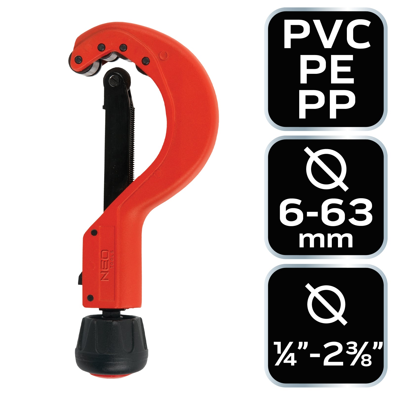 Nožnice na plastové rúrky, 6-63 mm (1/4" - 2.3/8") od NEO TOOLS nájdeš na naravis.sk
