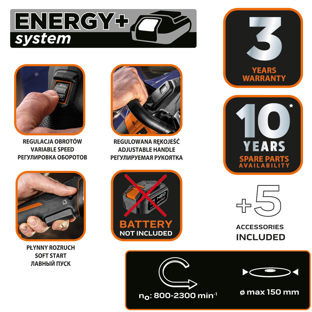 Energy+ 18V, Li-lon, M14 150 mm, 800-2300 ot/min, batéria nie je súčasťou dodávky od NEO TOOLS nájdeš na naravis.sk