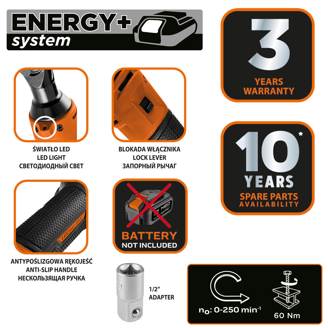Energy+ 18V, Li-lon, 3/8" akumulátorová račňa, 1/2" adaptér bez batérie od NEO TOOLS nájdeš na naravis.sk