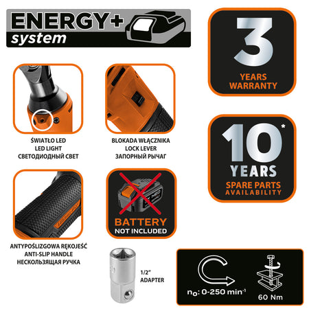 Energy+ 18V, Li-lon, 3/8" akumulátorová račňa, 1/2" adaptér bez batérie od NEO TOOLS nájdeš na naravis.sk