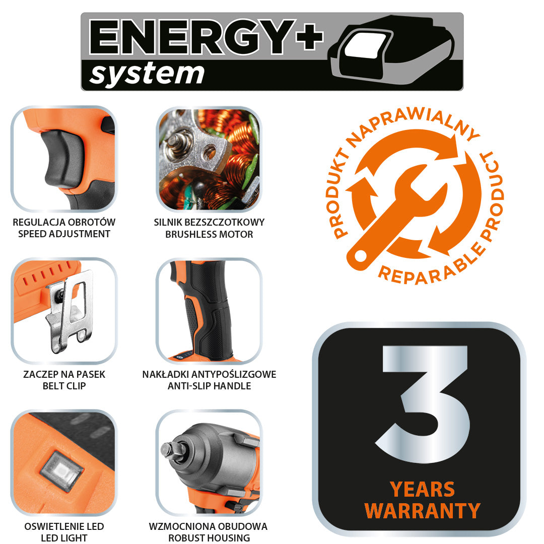 Bezkartáčový rázový kľúč 18 V, 850 Nm, ½", Energy+, bez batérie od NEO TOOLS nájdeš na naravis.sk