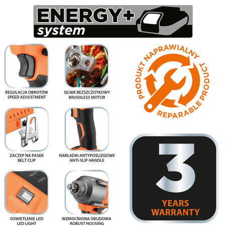 Bezkartáčový rázový kľúč 18 V, 850 Nm, ½", Energy+, bez batérie od NEO TOOLS nájdeš na naravis.sk