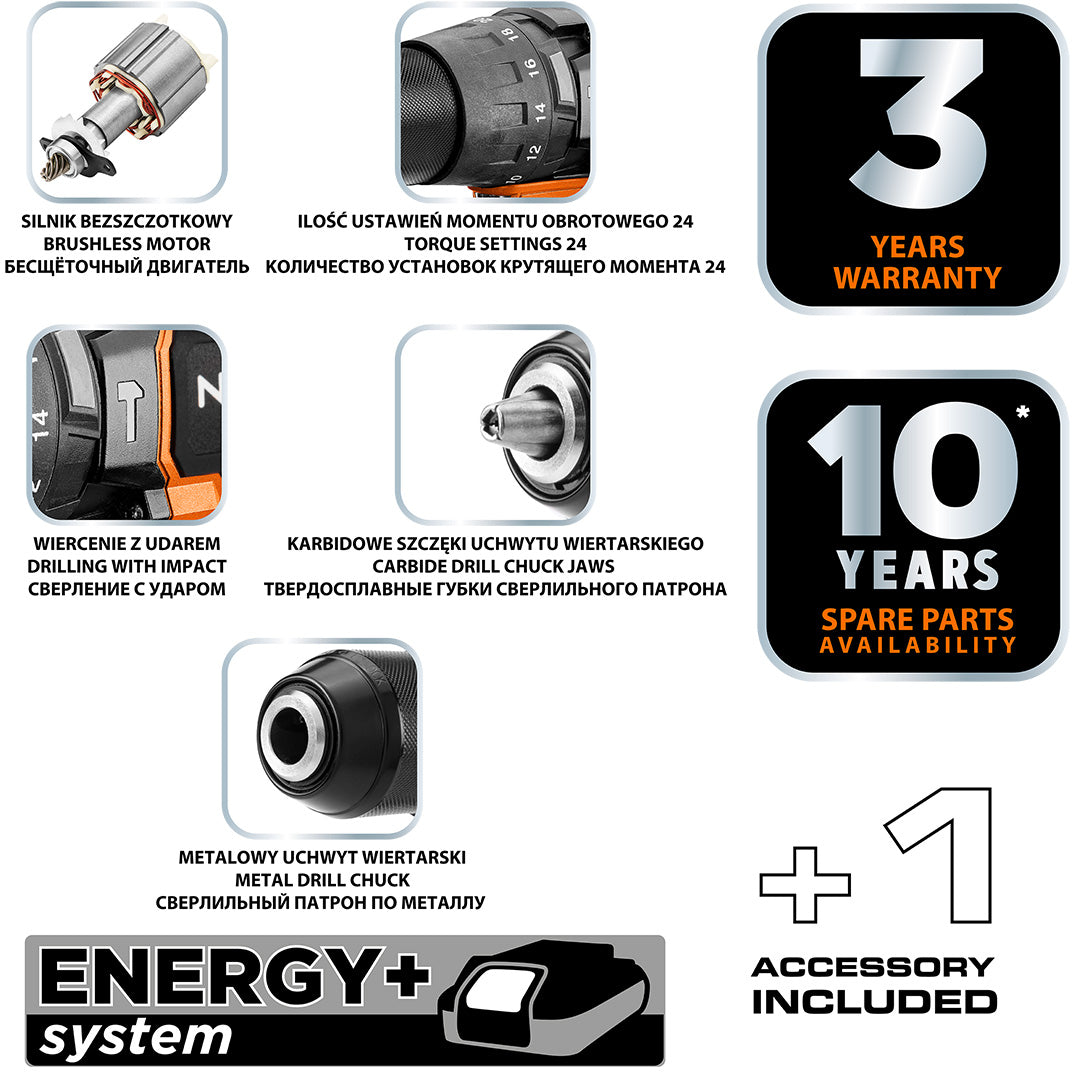 Bezkartáčový vŕtací skrutkovač s príklepom 100 Nm Energy+, bez batérie od NEO TOOLS nájdeš na naravis.sk