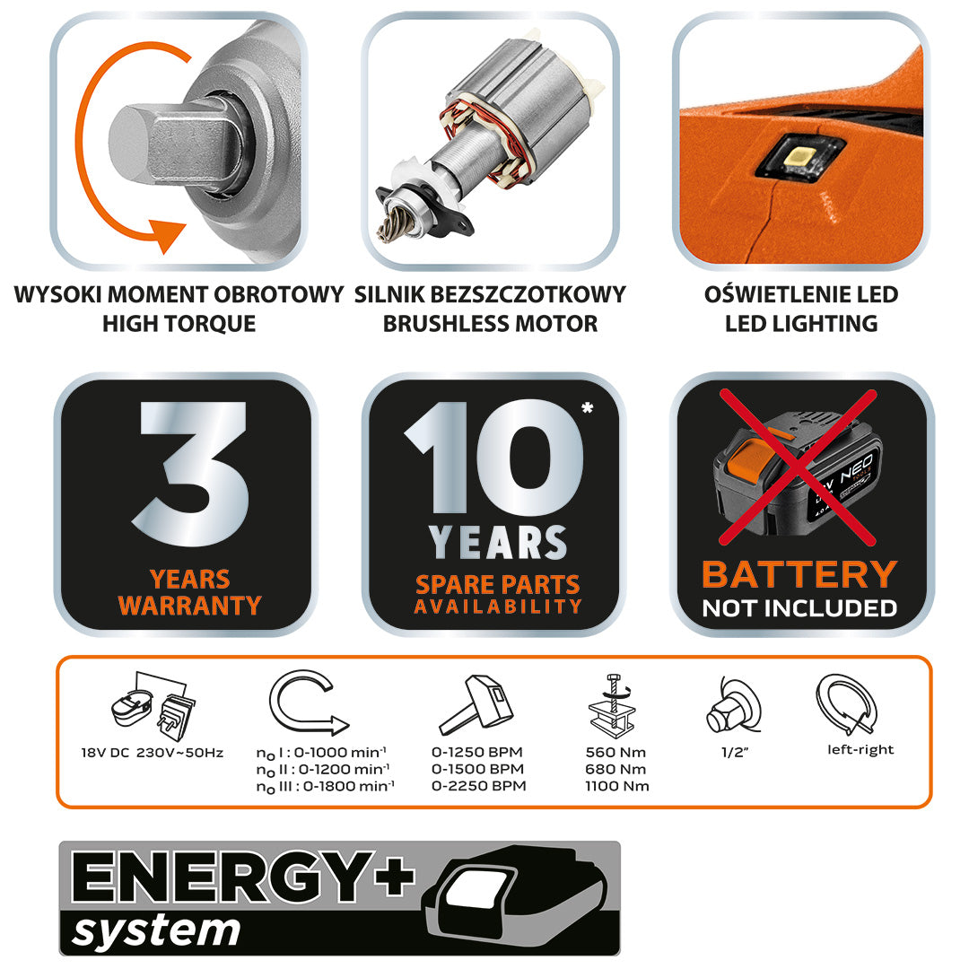 Rázový kľúč, bezkartáčový. 1100Nm Akumulátorový náradie Energy+ 18V od NEO TOOLS nájdeš na naravis.sk