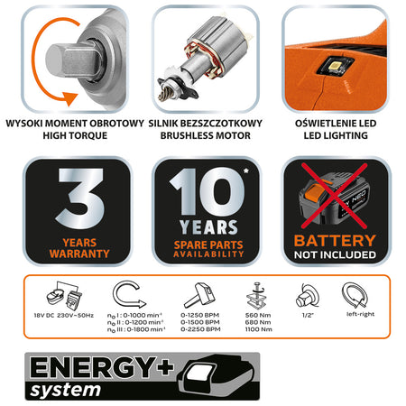 Rázový kľúč, bezkartáčový. 1100Nm Akumulátorový náradie Energy+ 18V od NEO TOOLS nájdeš na naravis.sk