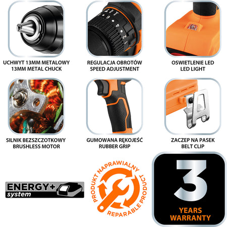 18 V bezkartáčová príklepová vŕtačka/šrotovník, 13 mm skľučovadlo, kompaktný, Energy+, bez akumulátora od NEO TOOLS nájdeš na naravis.sk