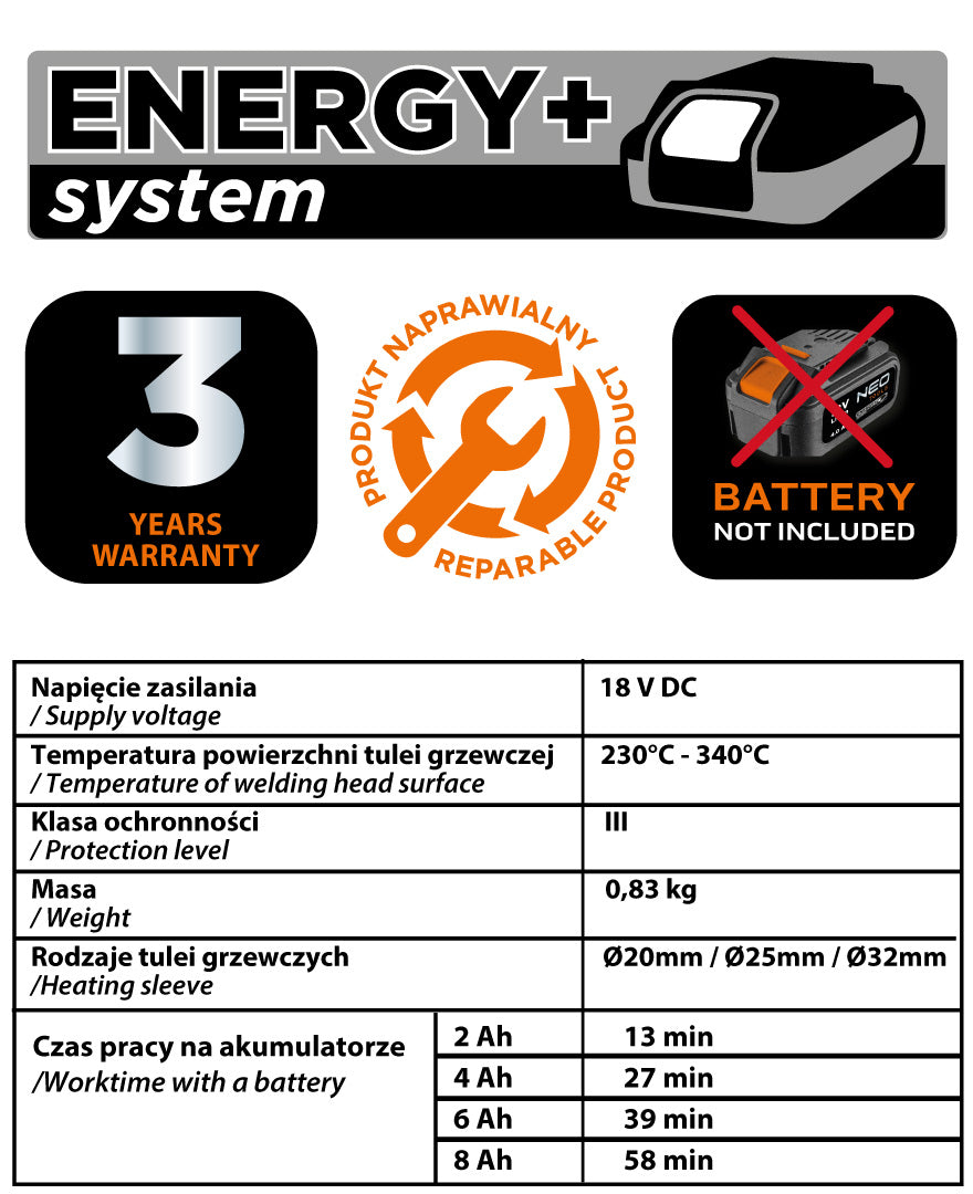Zváračka rúr Energy+ 18V, bez batérie od NEO TOOLS nájdeš na naravis.sk