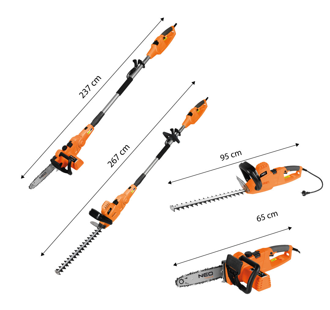 Záhradné náradie 2 v 1 s predlžovacím ramenom: reťazová píla 750 W 250 mm + nožnice na živý plot 550 W 460 mm od NEO TOOLS nájdeš na naravis.sk