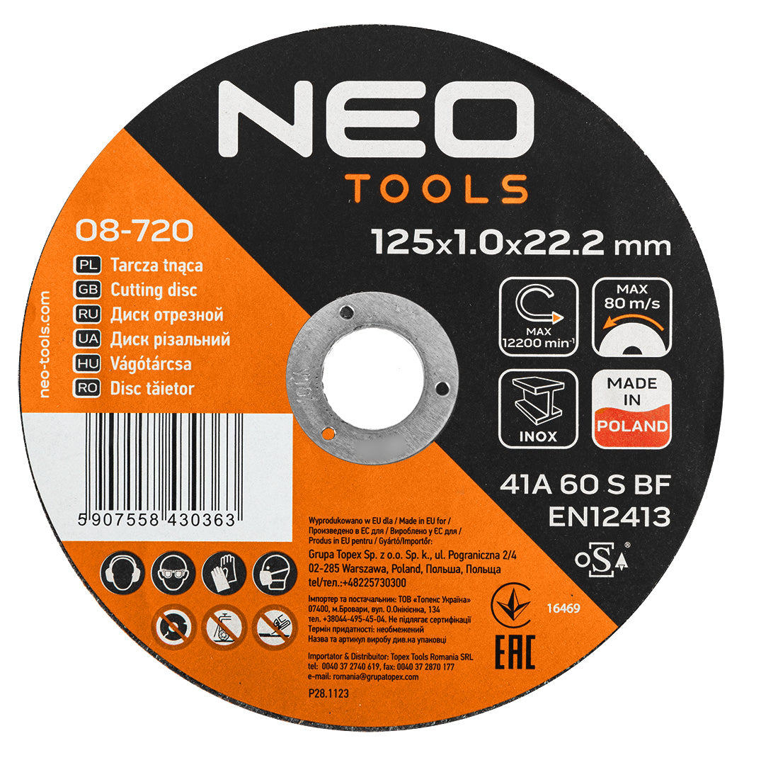 Rezné kotúče na kov/INOX 125 x 1,0 x 22,2 mm, 41 A60-S-BF, 25 ks v kartóne. Vyrobené v PL od NEO TOOLS nájdeš na naravis.sk