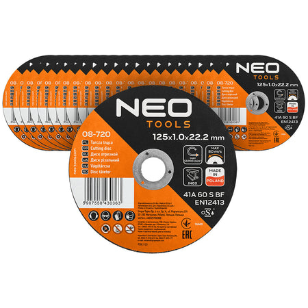 Rezné kotúče na kov/INOX 125 x 1,0 x 22,2 mm, 41 A60-S-BF, 25 ks v kartóne. Vyrobené v PL od NEO TOOLS nájdeš na naravis.sk