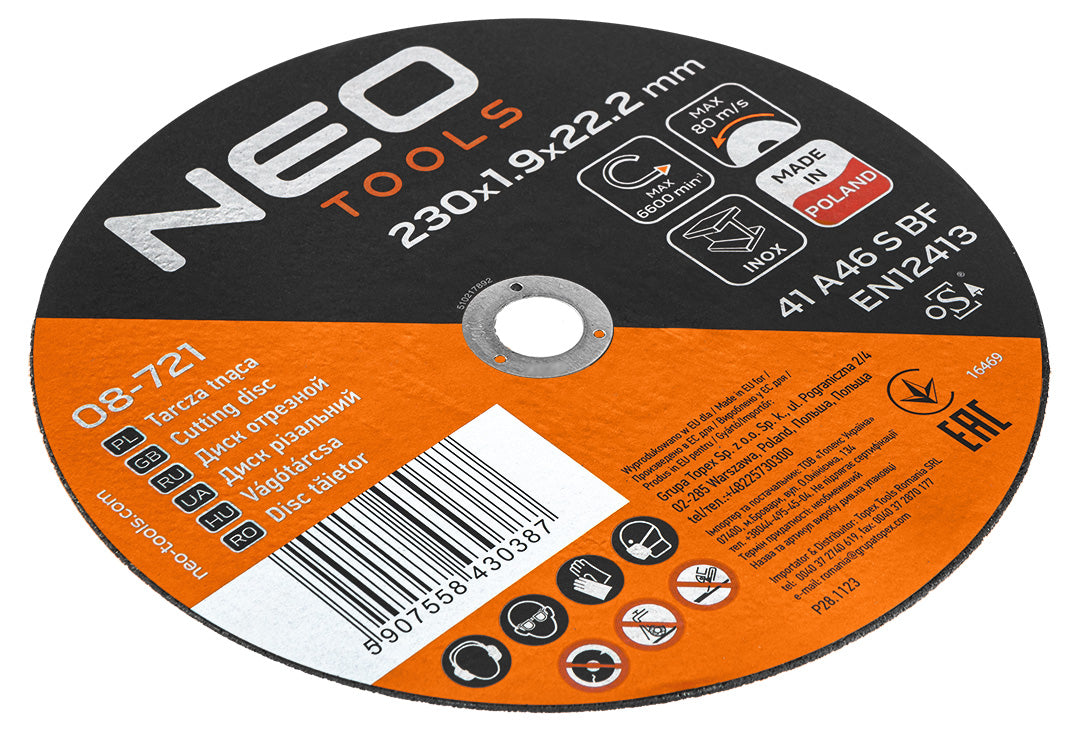 Rezné kotúče na kov/INOX 230 x 1,9 x 22,2 mm, 41 A46-S-BF, 25 ks v kartóne. Vyrobené v PL od NEO TOOLS nájdeš na naravis.sk