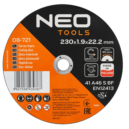 Rezné kotúče na kov/INOX 230 x 1,9 x 22,2 mm, 41 A46-S-BF, 25 ks v kartóne. Vyrobené v PL od NEO TOOLS nájdeš na naravis.sk