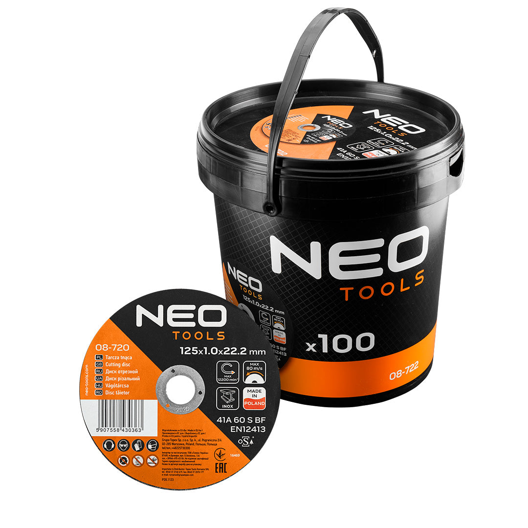 Rezné kotúče na kov/INOX 125 x 1,0 x 22,2 mm, 41 A60-S-BF, 100 ks vedro. Vyrobené v PL od NEO TOOLS nájdeš na naravis.sk
