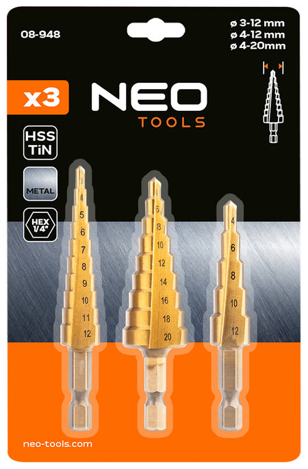 Sada stupňovitých vrtákov HSS TiN, 3-20 mm, šesťhran, 3 ks. od NEO TOOLS nájdeš na naravis.sk