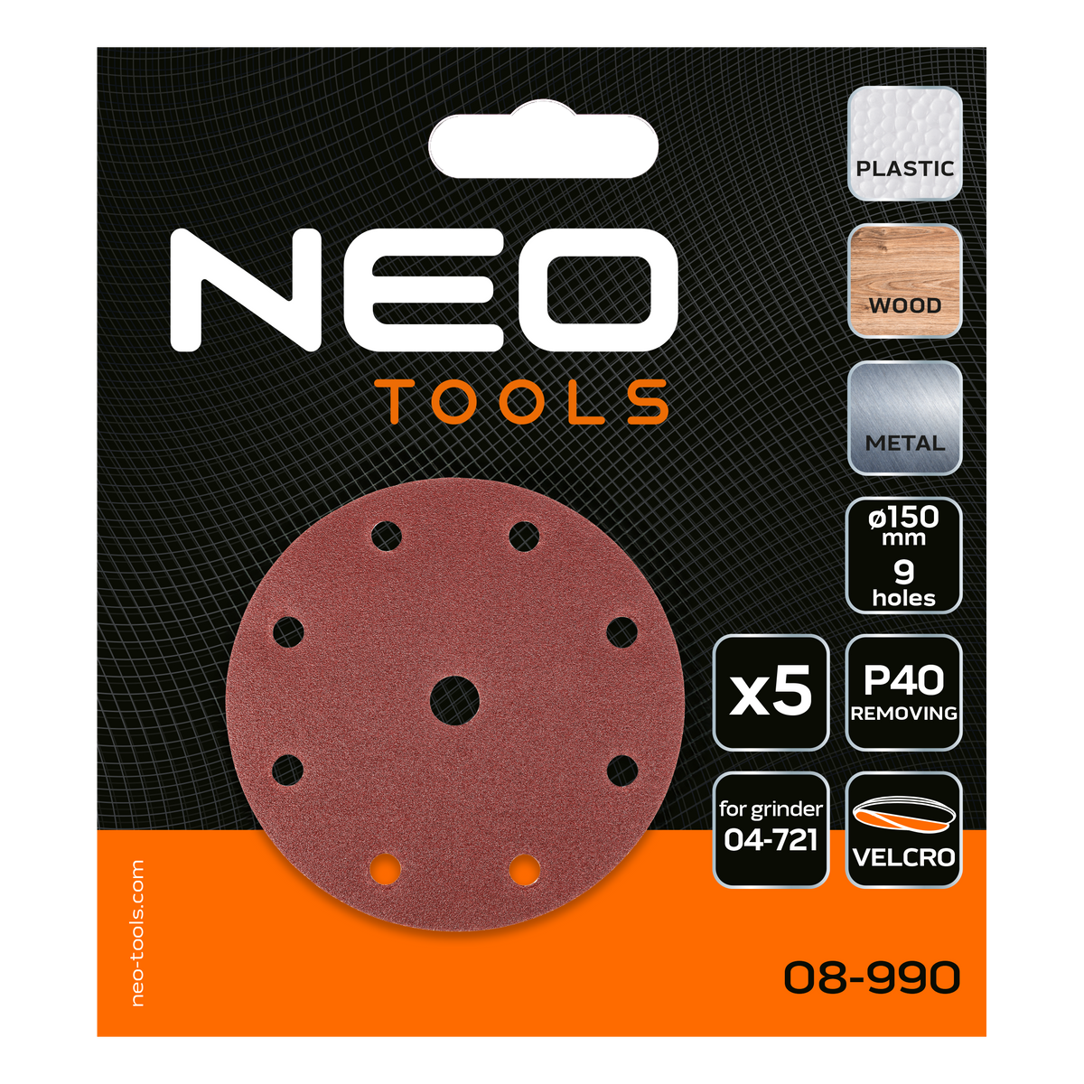 Brúsne kotúče 150 mm, P40, 5 ks, s 9 otvormi pre 04-721 od NEO TOOLS nájdeš na naravis.sk