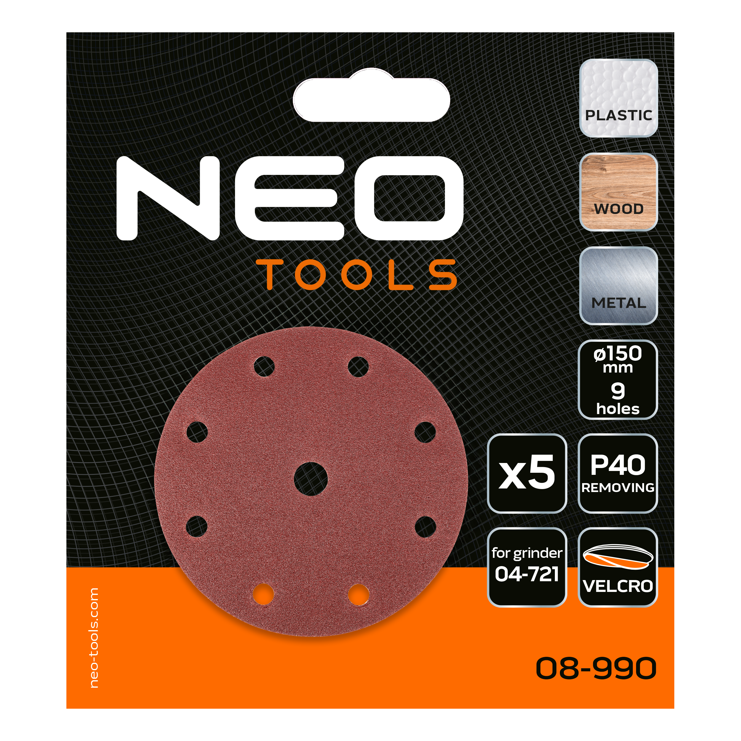 Brúsne kotúče 150 mm, P40, 5 ks, s 9 otvormi pre 04-721 od NEO TOOLS nájdeš na naravis.sk
