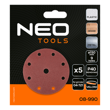 Brúsne kotúče 150 mm, P40, 5 ks, s 9 otvormi pre 04-721 od NEO TOOLS nájdeš na naravis.sk