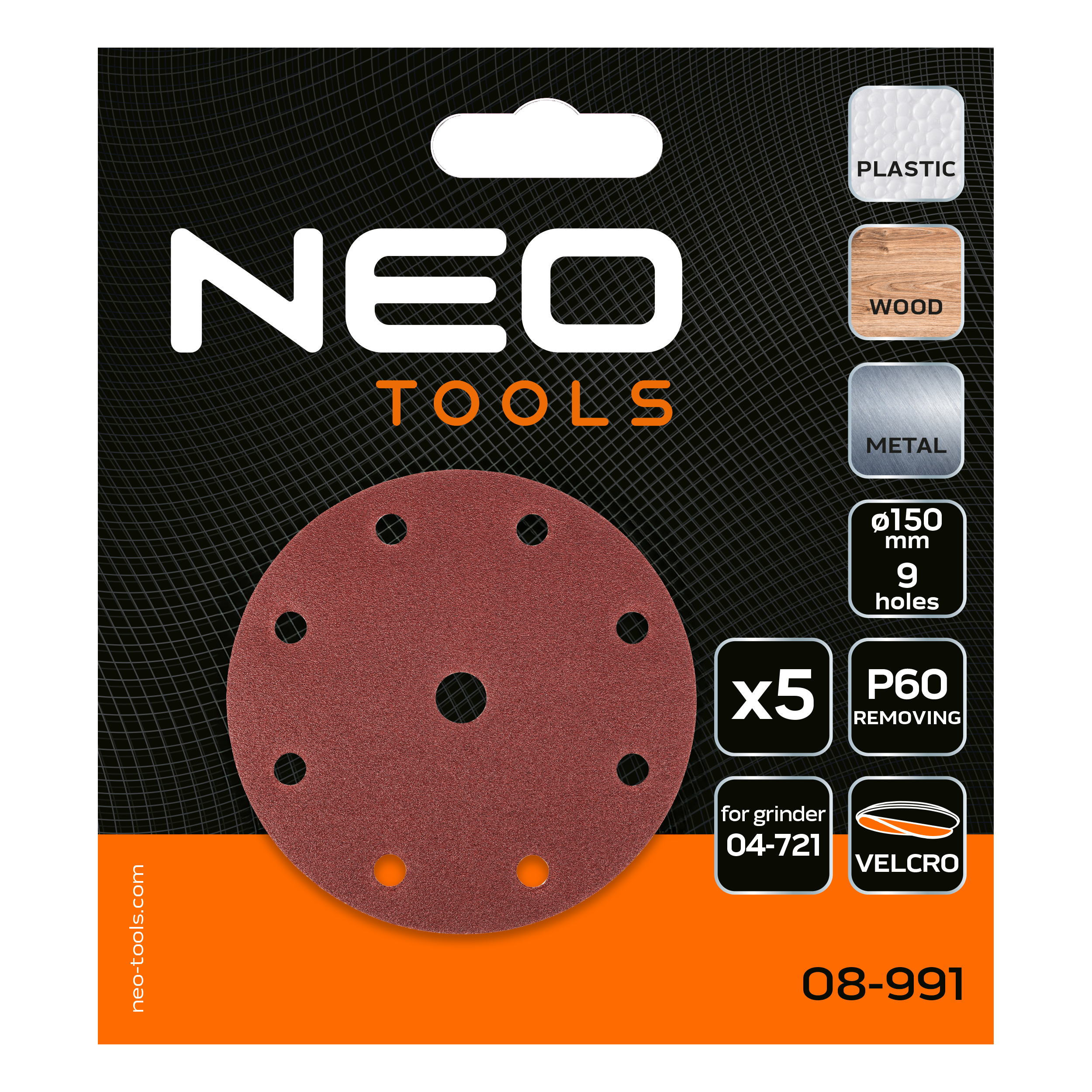Brúsne kotúče 150 mm, P60, 5 ks, s 9 otvormi pre 04-721 od NEO TOOLS nájdeš na naravis.sk