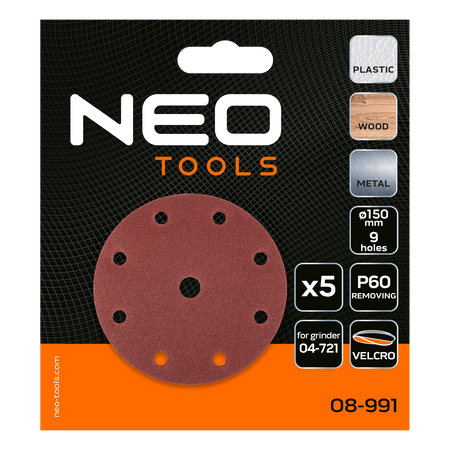 Brúsne kotúče 150 mm, P60, 5 ks, s 9 otvormi pre 04-721 od NEO TOOLS nájdeš na naravis.sk