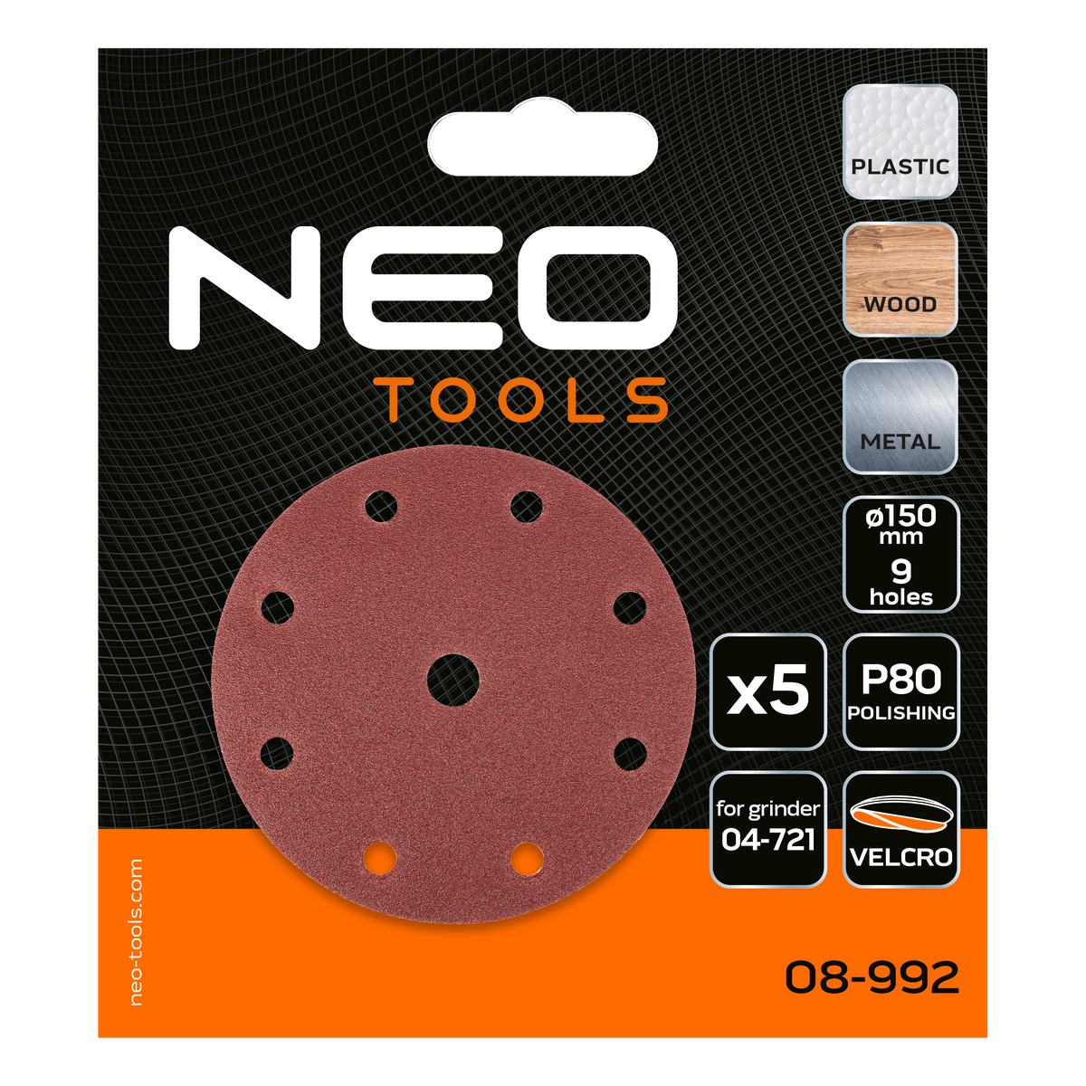 Brúsne kotúče 150 mm, P80, 5 ks, s 9 otvormi pre 04-721 od NEO TOOLS nájdeš na naravis.sk