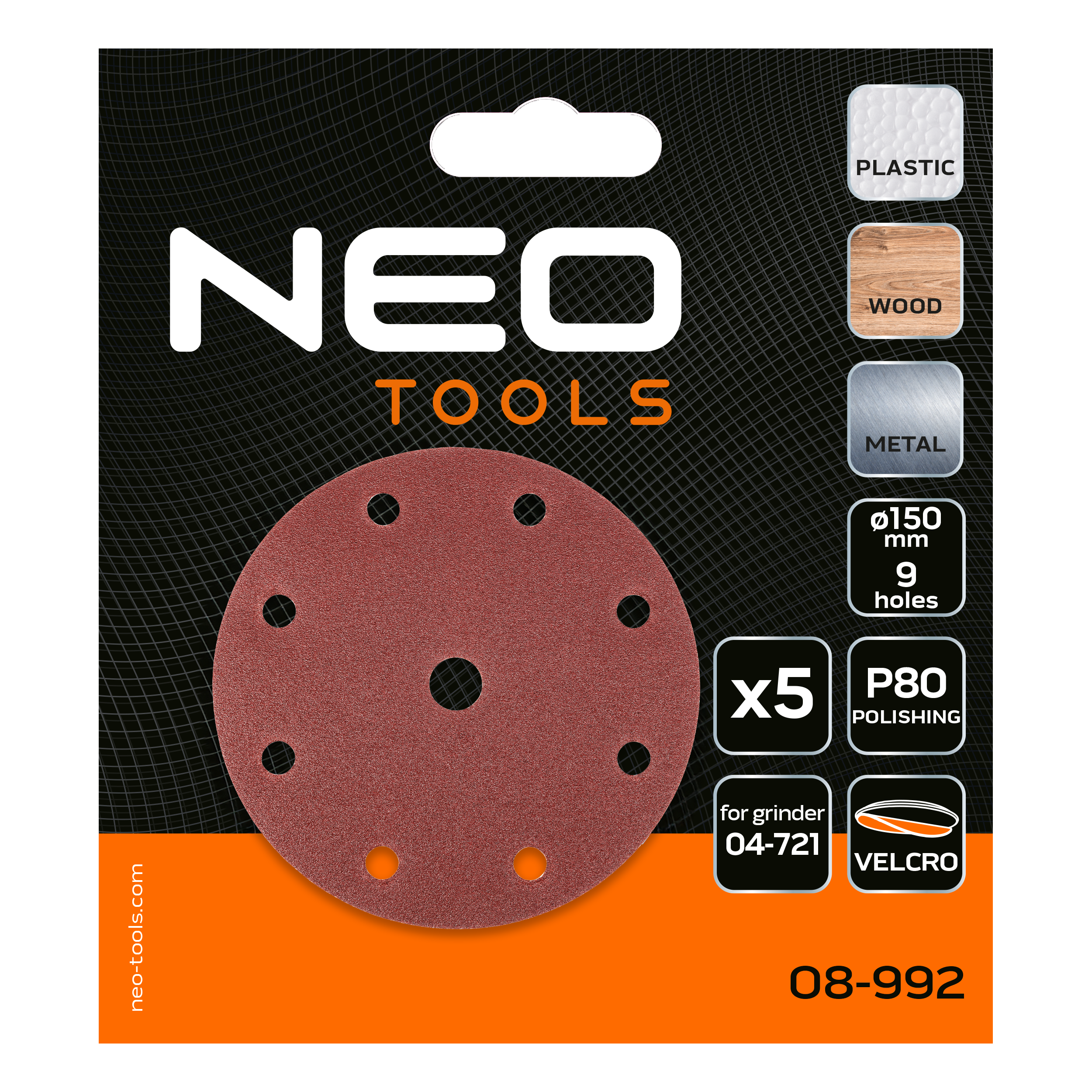 Brúsne kotúče 150 mm, P80, 5 ks, s 9 otvormi pre 04-721 od NEO TOOLS nájdeš na naravis.sk