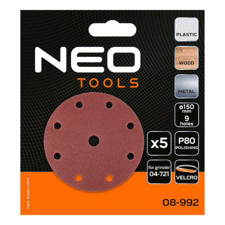 Brúsne kotúče 150 mm, P80, 5 ks, s 9 otvormi pre 04-721 od NEO TOOLS nájdeš na naravis.sk