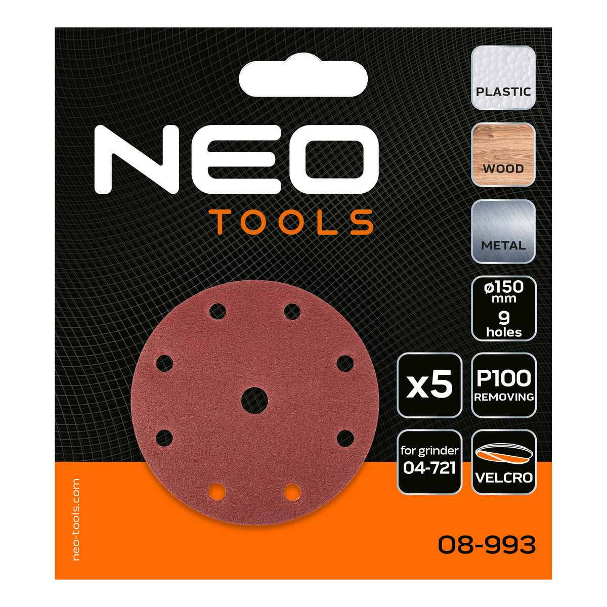 Brúsne kotúče 150 mm, P100, 5 ks, s 9 otvormi pre 04-721 od NEO TOOLS nájdeš na naravis.sk
