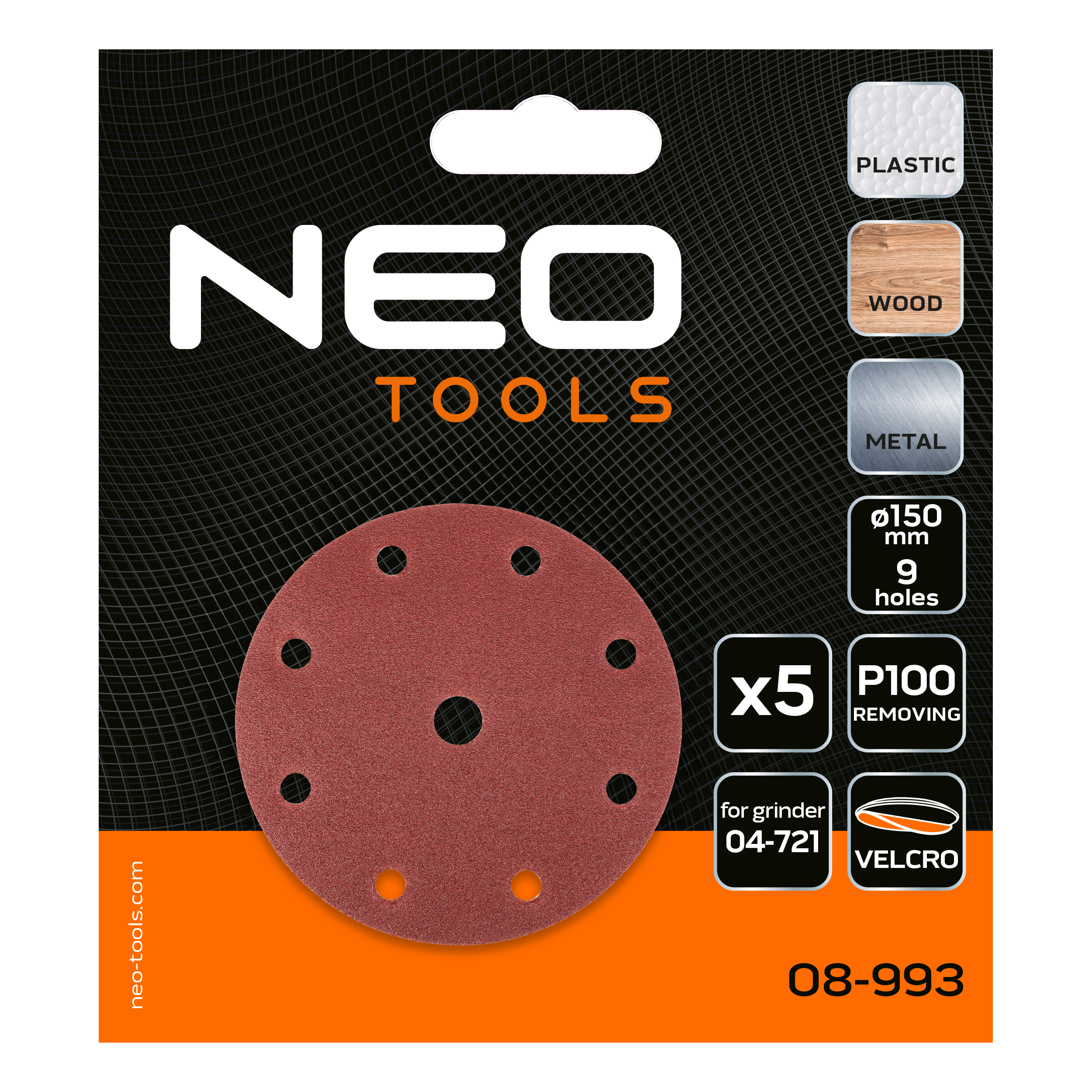 Brúsne kotúče 150 mm, P100, 5 ks, s 9 otvormi pre 04-721 od NEO TOOLS nájdeš na naravis.sk