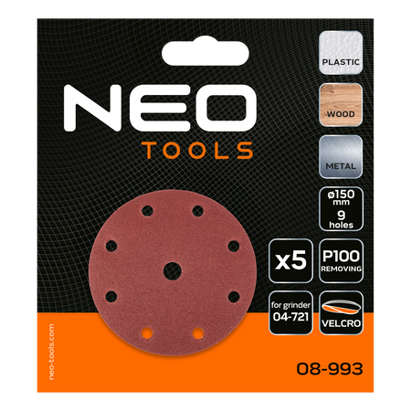 Brúsne kotúče 150 mm, P100, 5 ks, s 9 otvormi pre 04-721 od NEO TOOLS nájdeš na naravis.sk