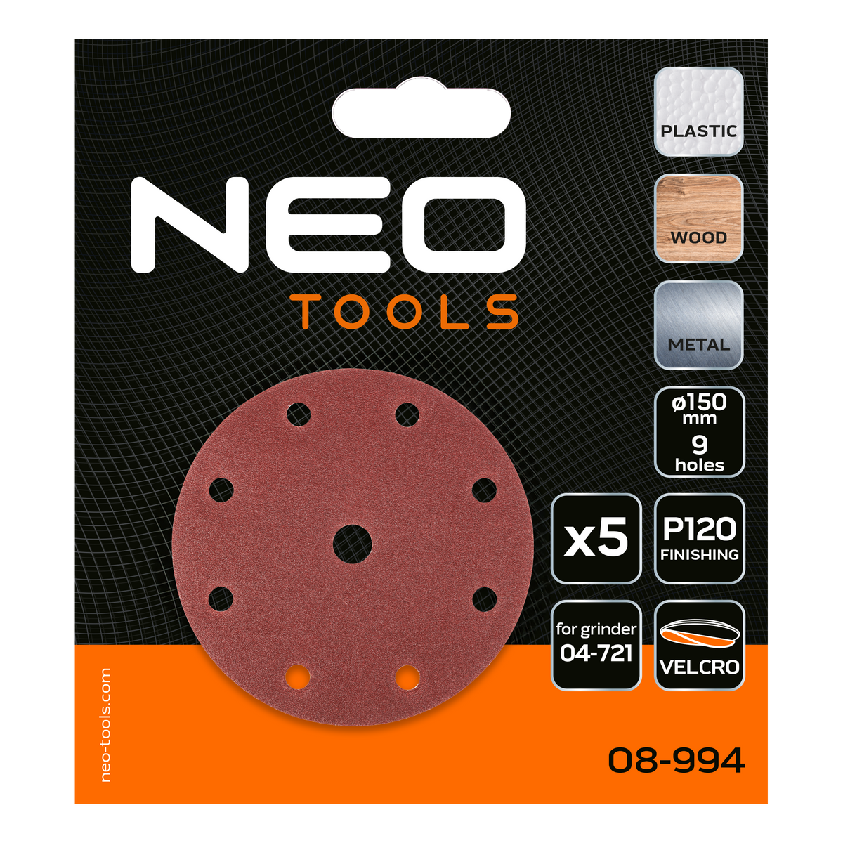 Brúsne kotúče 150 mm, P120, 5 ks, s 9 otvormi pre 04-721 od NEO TOOLS nájdeš na naravis.sk