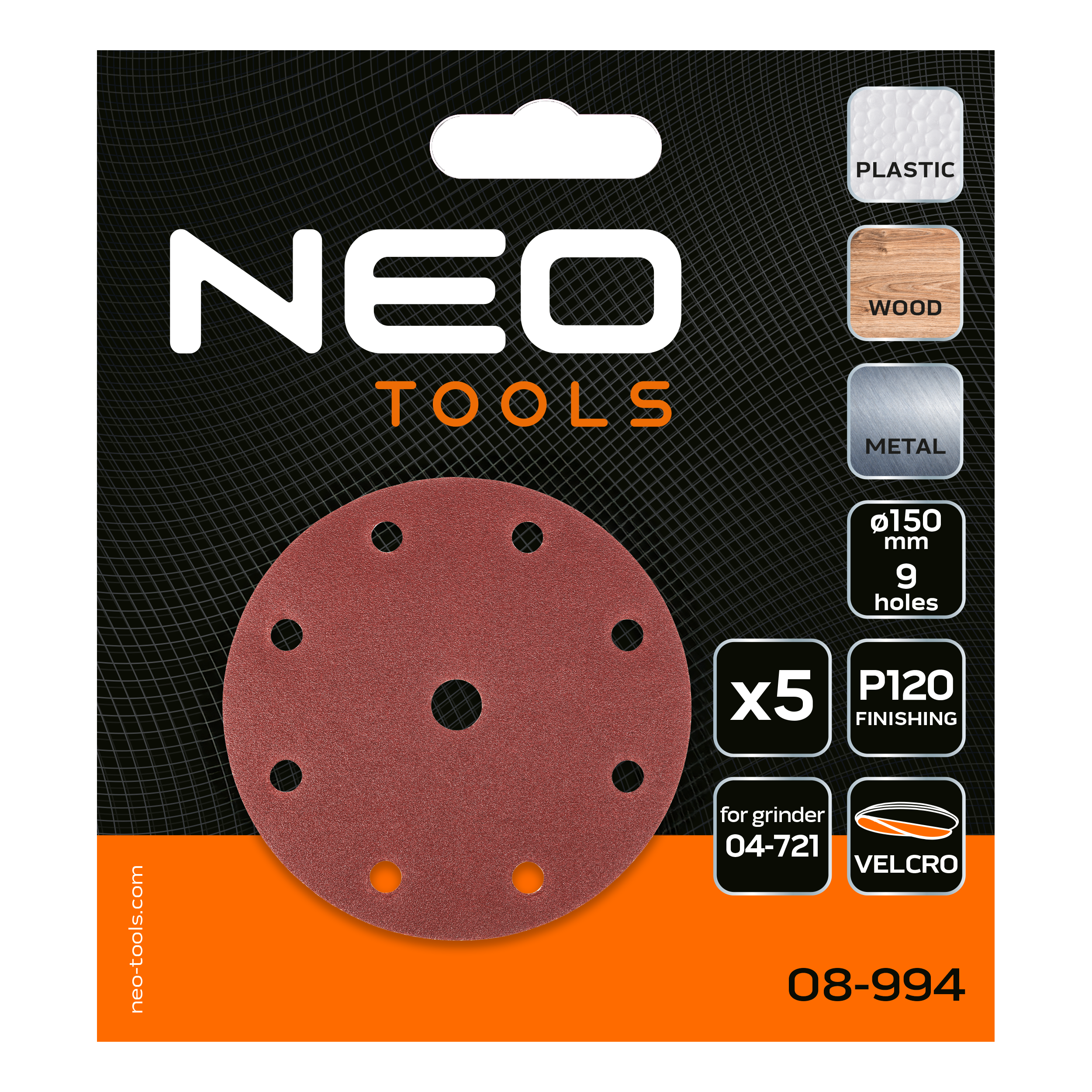 Brúsne kotúče 150 mm, P120, 5 ks, s 9 otvormi pre 04-721 od NEO TOOLS nájdeš na naravis.sk