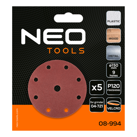 Brúsne kotúče 150 mm, P120, 5 ks, s 9 otvormi pre 04-721 od NEO TOOLS nájdeš na naravis.sk