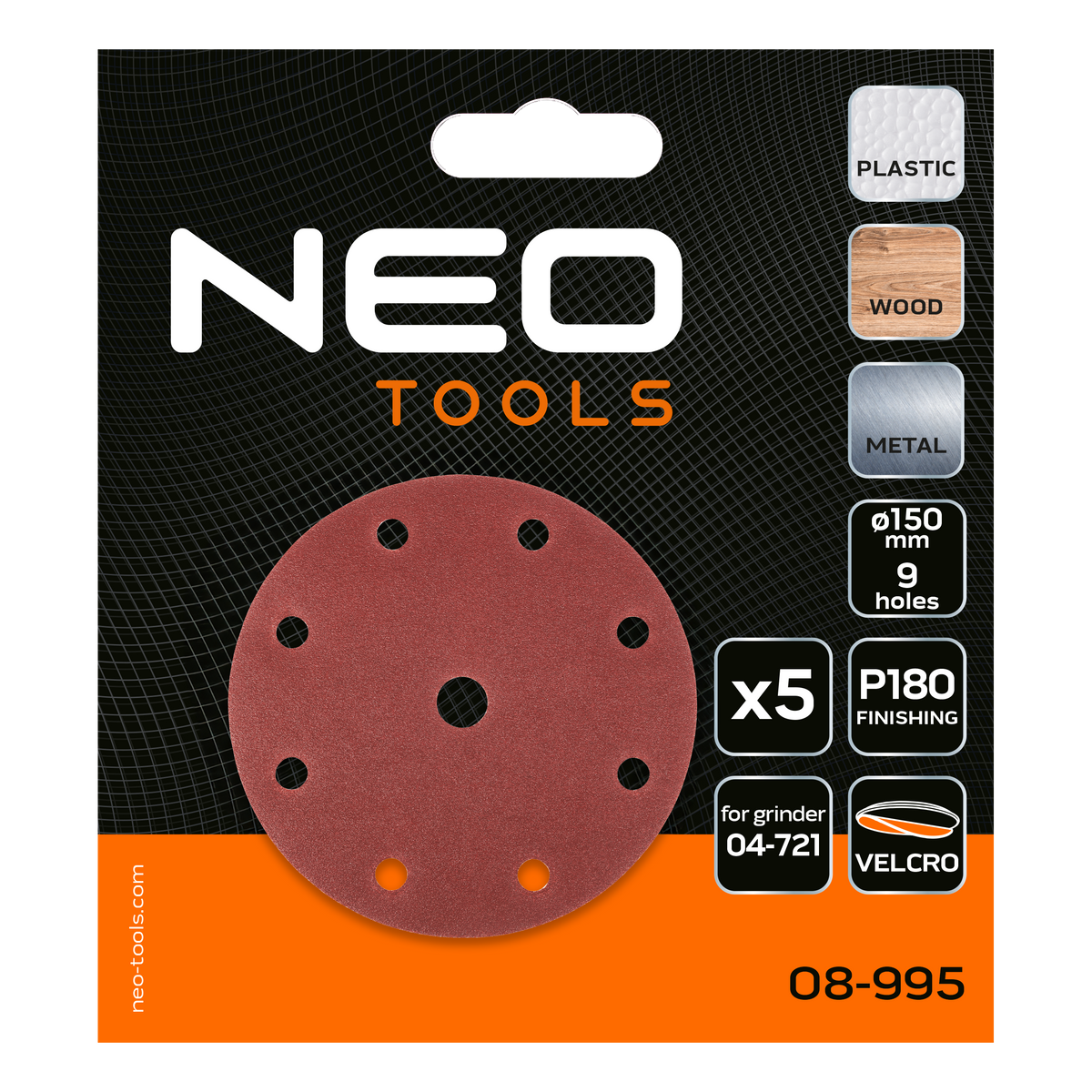 Brúsne kotúče 150 mm, P180, 5 ks, s 9 otvormi pre 04-721 od NEO TOOLS nájdeš na naravis.sk