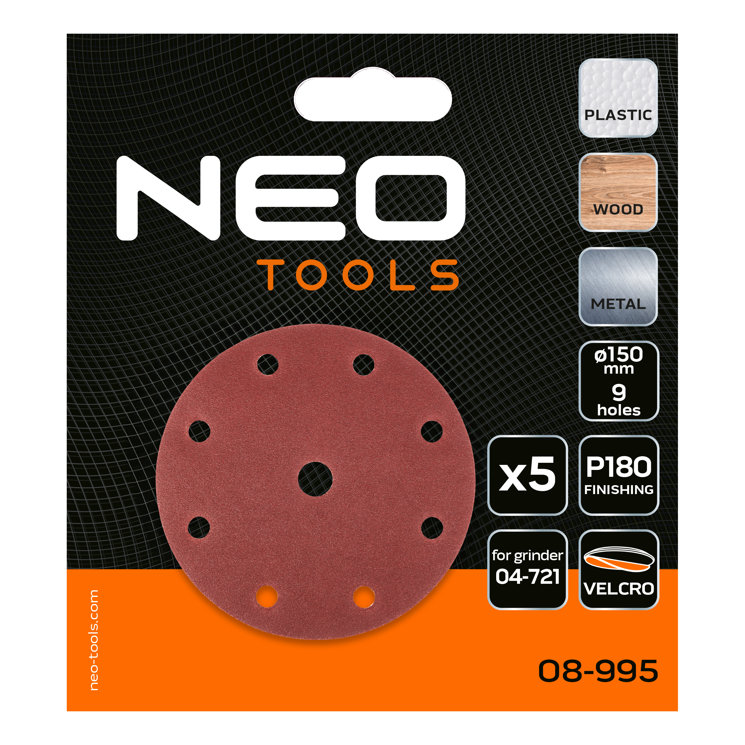 Brúsne kotúče 150 mm, P180, 5 ks, s 9 otvormi pre 04-721 od NEO TOOLS nájdeš na naravis.sk