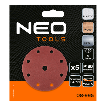 Brúsne kotúče 150 mm, P180, 5 ks, s 9 otvormi pre 04-721 od NEO TOOLS nájdeš na naravis.sk