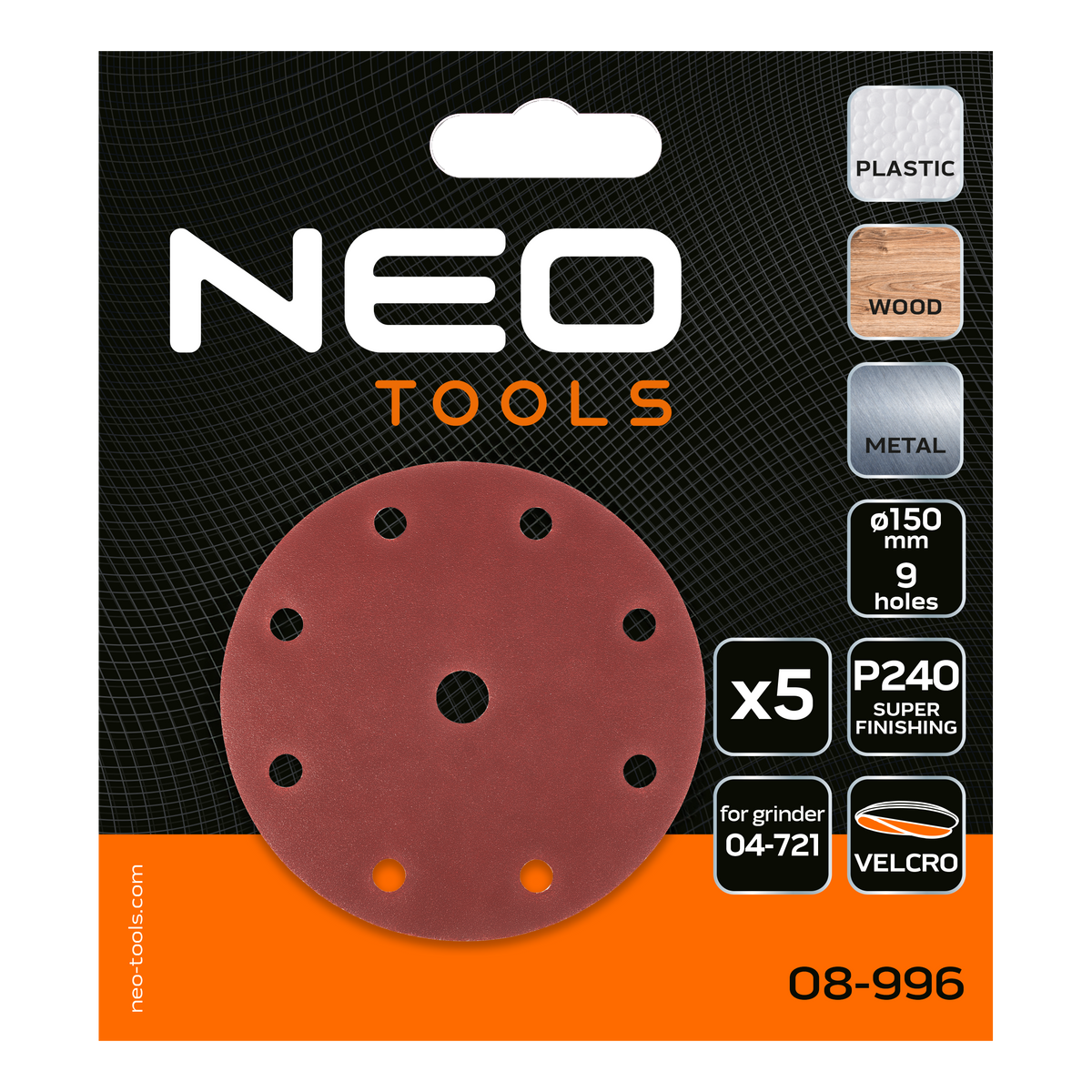 Brúsne kotúče 150 mm, P240, 5 ks, s 9 otvormi pre 04-721 od NEO TOOLS nájdeš na naravis.sk