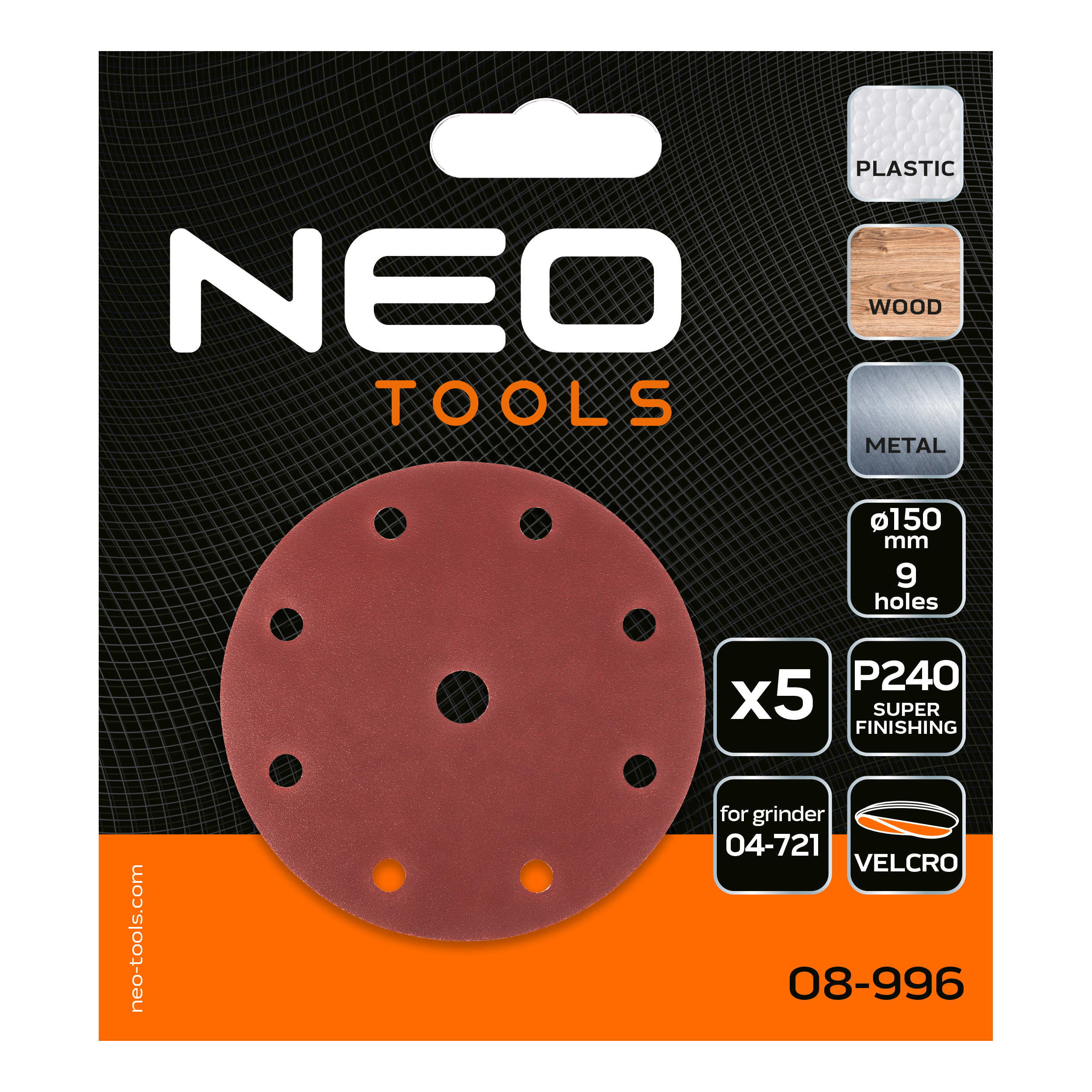 Brúsne kotúče 150 mm, P240, 5 ks, s 9 otvormi pre 04-721 od NEO TOOLS nájdeš na naravis.sk