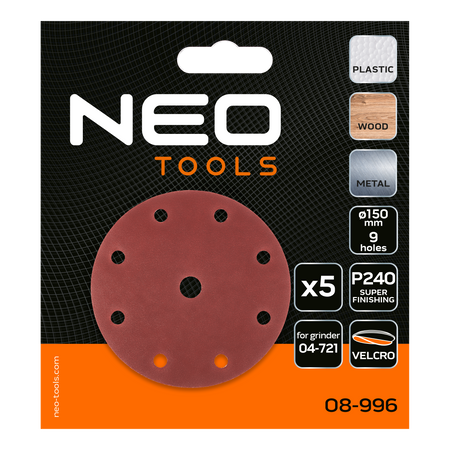 Brúsne kotúče 150 mm, P240, 5 ks, s 9 otvormi pre 04-721 od NEO TOOLS nájdeš na naravis.sk