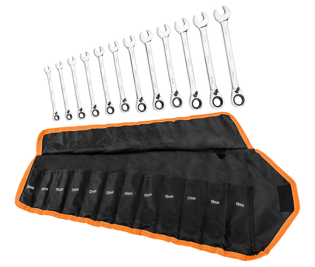 Ráčnový a kombinovaný kľúč, sada 12 kusov, 8 - 19 mm, mäkké puzdro od NEO TOOLS nájdeš na naravis.sk
