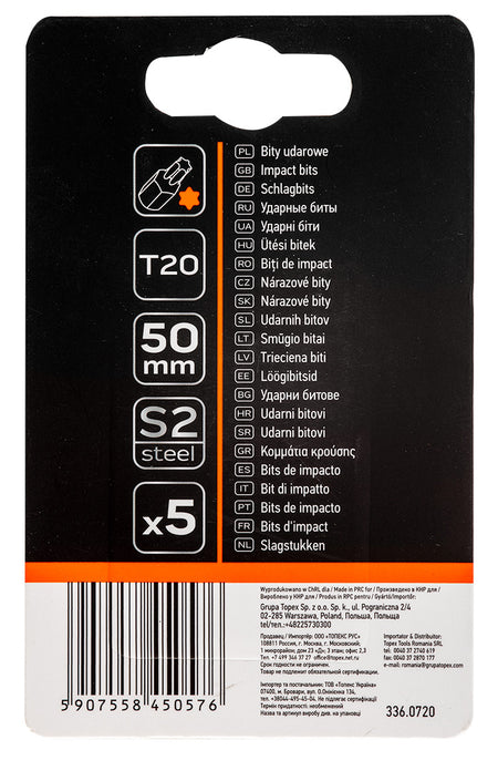 Rázové bity S2, 50 mm, T20 - 5 kusov. od NEO TOOLS nájdeš na naravis.sk
