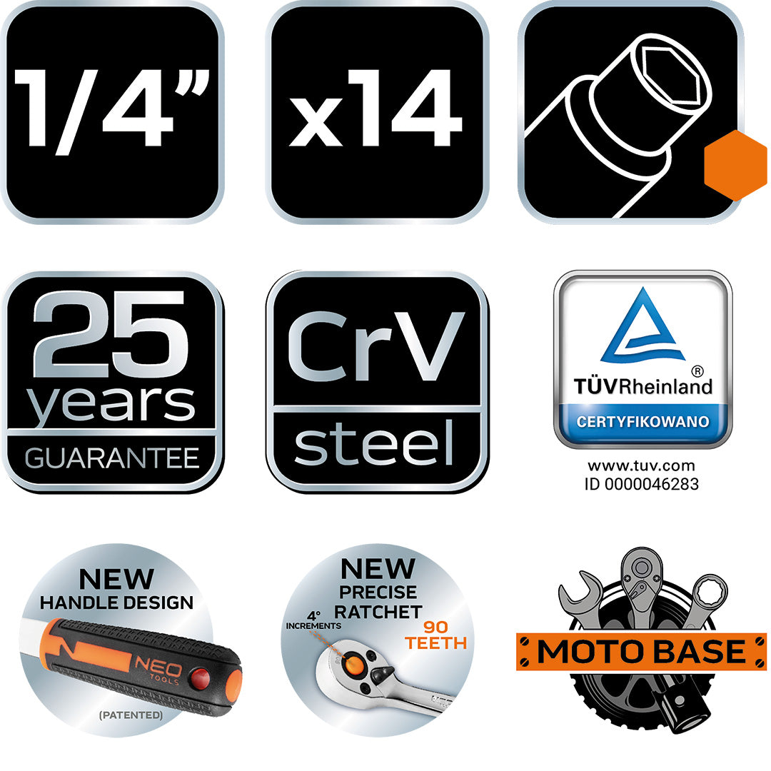 Sada nástrčných kľúčov 1/4", 14 kusov, CrV od NEO TOOLS nájdeš na naravis.sk
