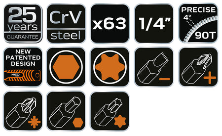 Sada nástrčných kľúčov 1/4", 63 kusov, CrV od NEO TOOLS nájdeš na naravis.sk