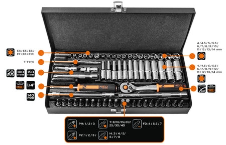 Sada nástrčných kľúčov 1/4", 63 kusov, CrV od NEO TOOLS nájdeš na naravis.sk