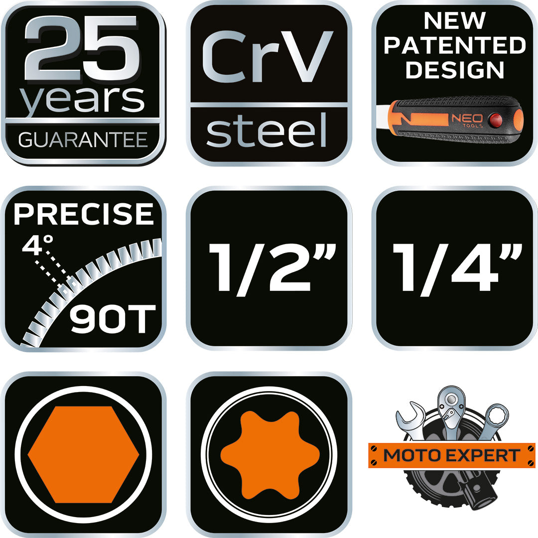 Sada nástrčných kľúčov 1/2", 1/4", 110 kusov, CrV od NEO TOOLS nájdeš na naravis.sk