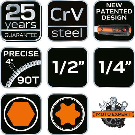 Sada nástrčných kľúčov 1/2", 1/4", 110 kusov, CrV od NEO TOOLS nájdeš na naravis.sk