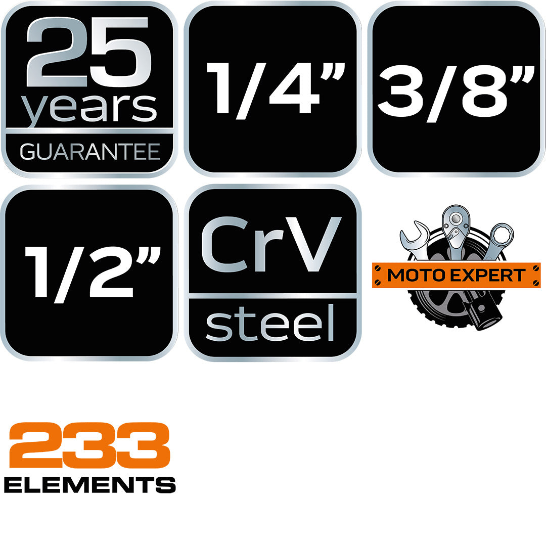 Sada nástrčných kľúčov 1/2", 3/8", 1/4", 233 kusov, CrV od NEO TOOLS nájdeš na naravis.sk