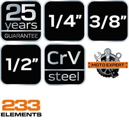 Sada nástrčných kľúčov 1/2", 3/8", 1/4", 233 kusov, CrV od NEO TOOLS nájdeš na naravis.sk