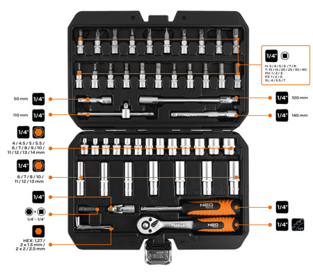 Sada nástrčných kľúčov 1/4", 55 kusov, satén od NEO TOOLS nájdeš na naravis.sk