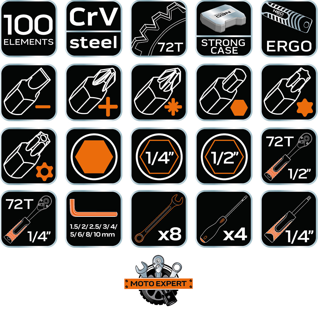 Sada nástrčných kľúčov 1/2", 1/4", 100 kusov, satén od NEO TOOLS nájdeš na naravis.sk