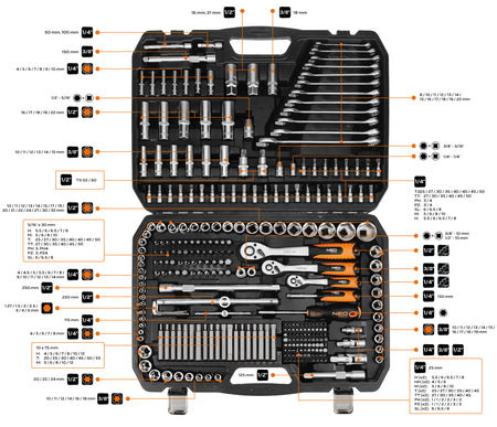 Sada nástrčných kľúčov 1/2", 3/8", 1/4", 300 ks. , saténová farba od NEO TOOLS nájdeš na naravis.sk
